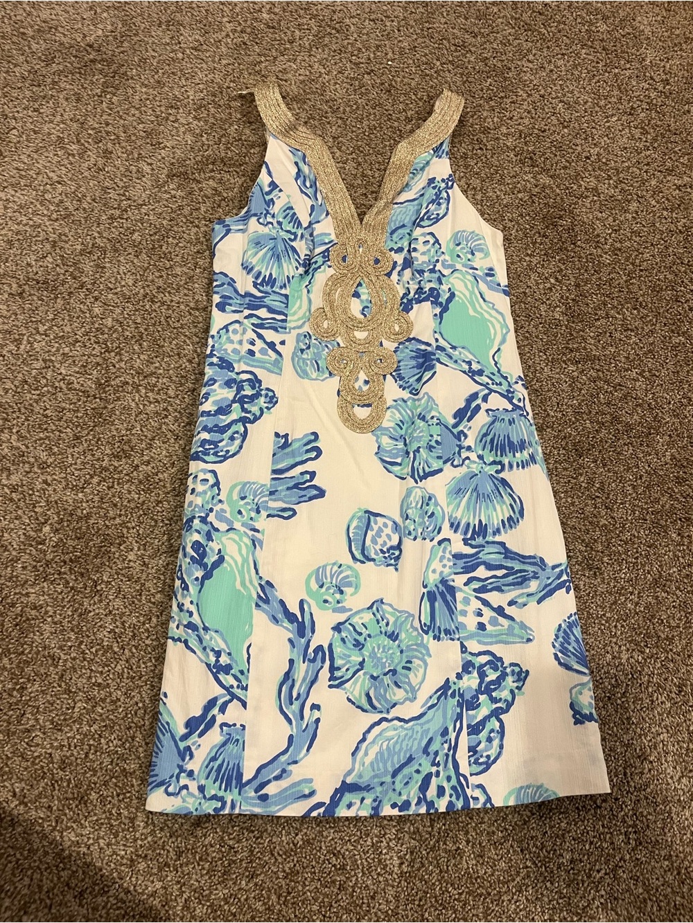 Lilly Pulitzer Blue & Aqua Shell-Print Sundress with Gold Embellished Neck